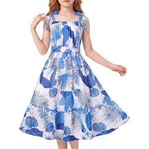 GRACE KARIN Girls Hawaiian Dress Floral Chiffon A-Line Sleeveless Summer Sundress for Beach Vacation Party 7-16(Tropical Blue Floral)