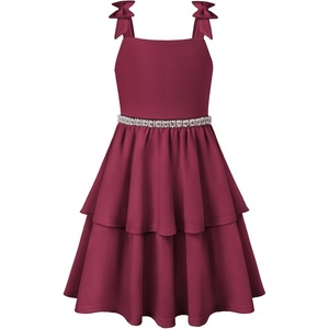 GRACE KARIN Girls Party Dress Birthday Sparkly Semi Formal Dresses 6-14Y | Stretchy Fabric, Square Neck, Bow Straps, Beaded Waist Front, Double Layer Skirt, Hidden Back Zipper, for Wedding, Pageant(Burgundy)