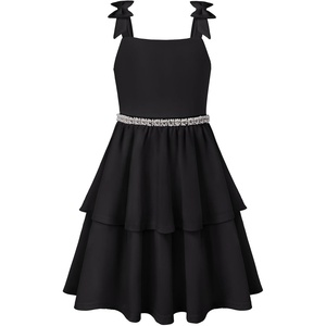 GRACE KARIN Girls Party Dress Birthday Sparkly Semi Formal Dresses 6-14Y | Stretchy Fabric, Square Neck, Bow Straps, Beaded Waist Front, Double Layer Skirt, Hidden Back Zipper, for Wedding, Pageant(Black)