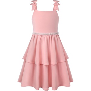 GRACE KARIN Girls Party Dress Birthday Sparkly Semi Formal Dresses 6-14Y | Stretchy Fabric, Square Neck, Bow Straps, Beaded Waist Front, Double Layer Skirt, Hidden Back Zipper, for Wedding, Pageant(Pink)