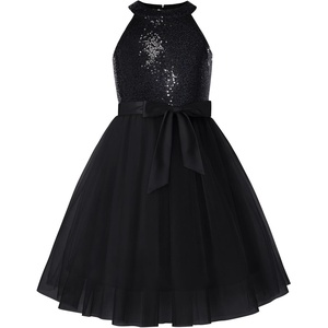 GRACE KARIN Girls Sequin Tulle Halter Dress Party Formal Gown | Sparkly Glitter Sequins, Soft Tulle Skirt, Satin Bow Belt, Knee-Length, Hidden Zipper Back, for Birthday, Wedding, Pageant(Black)