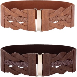 GRACE KARIN Wide Belts for Women Elastic Waist Belt | 3 inch wide stretchy waistband, Woven design, Golden buckle, For dresses skirt, Vintage casual boho western style(Coffee and Brown)