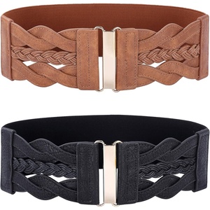 GRACE KARIN Wide Belts for Women Elastic Waist Belt | 3 inch wide stretchy waistband, Woven design, Golden buckle, For dresses skirt, Vintage casual boho western style(Black and Brown)
