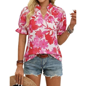 GRACE KARIN Womens Boho Tops Summer Spring Cotton Floral Blouses Short Sleeve Print Shirts V Neck Beach Vacation Clothes 2026(White Red Floral)