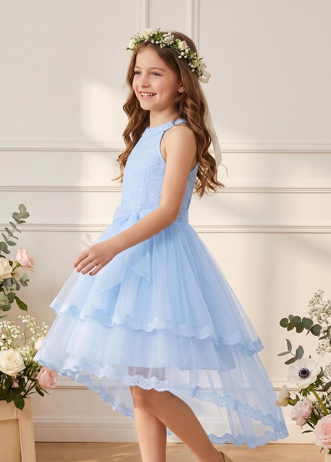 image:imageGRACE KARIN Flower Girl Dress Kids Wedding Guest Birthday Party Formal Lace Tulle Princess High Low Dresses 510YLight Blue