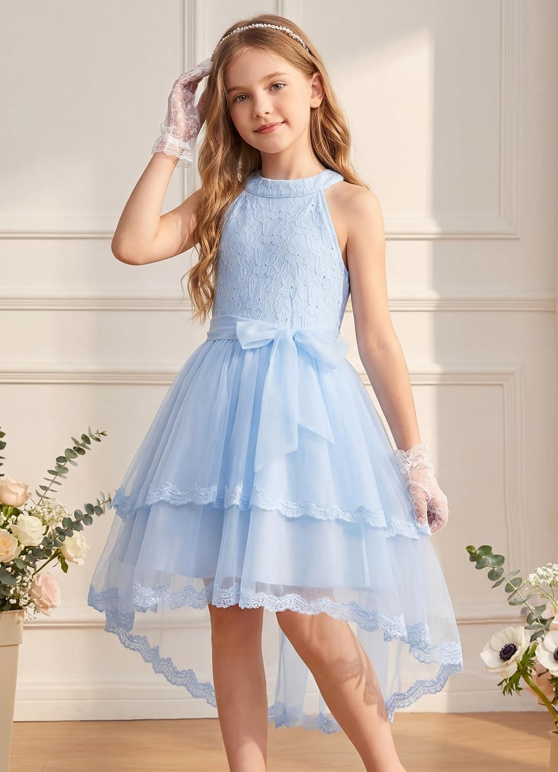 image:imageGRACE KARIN Flower Girl Dress Kids Wedding Guest Birthday Party Formal Lace Tulle Princess High Low Dresses 510YLight Blue