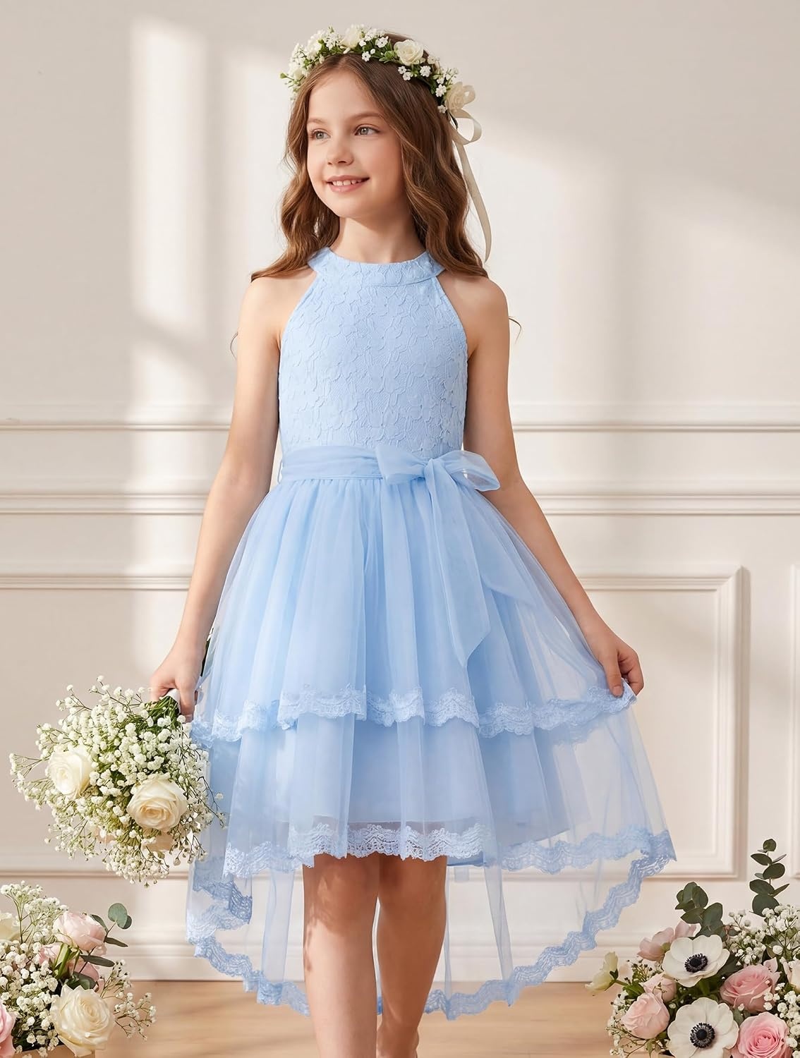 image:imageGRACE KARIN Flower Girl Dress Kids Wedding Guest Birthday Party Formal Lace Tulle Princess High Low Dresses 510YLight Blue