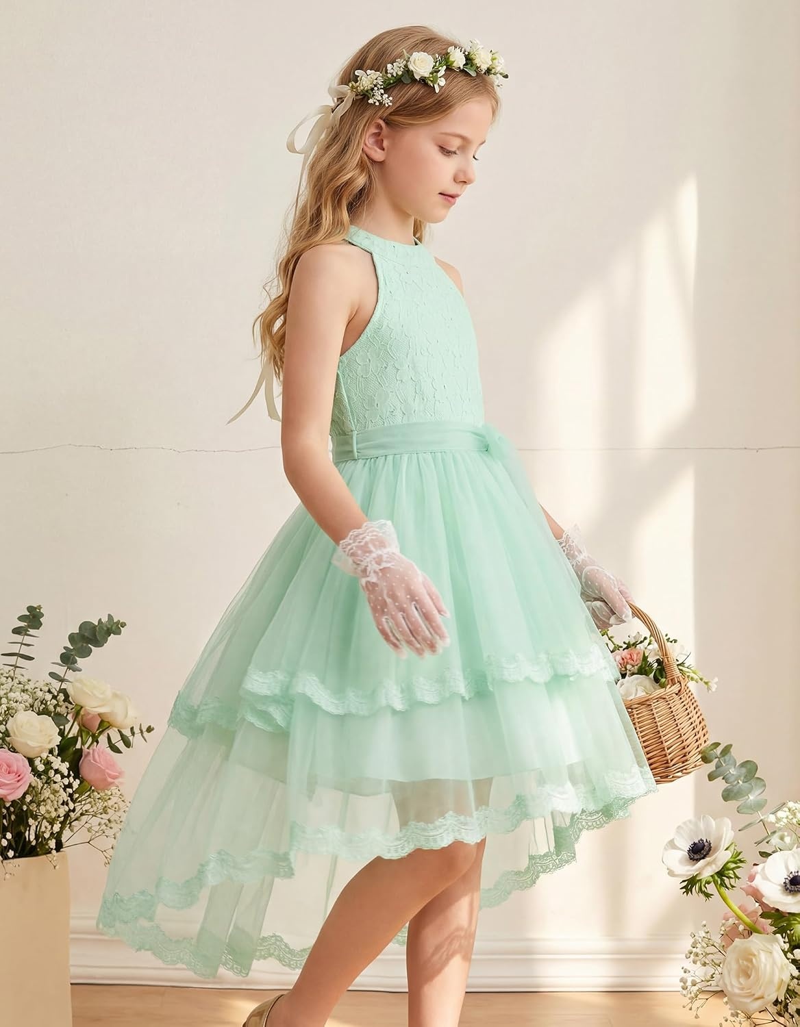 image:imageGRACE KARIN Flower Girl Dress Kids Wedding Guest Birthday Party Formal Lace Tulle Princess High Low Dresses 510YLight Green