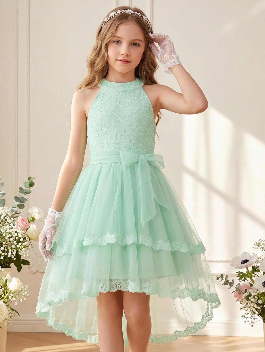 image:imageGRACE KARIN Flower Girl Dress Kids Wedding Guest Birthday Party Formal Lace Tulle Princess High Low Dresses 510YLight Green