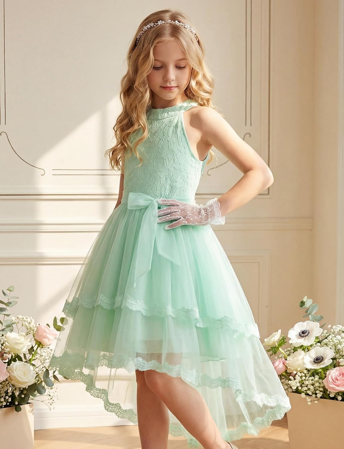 image:imageGRACE KARIN Flower Girl Dress Kids Wedding Guest Birthday Party Formal Lace Tulle Princess High Low Dresses 510YLight Green