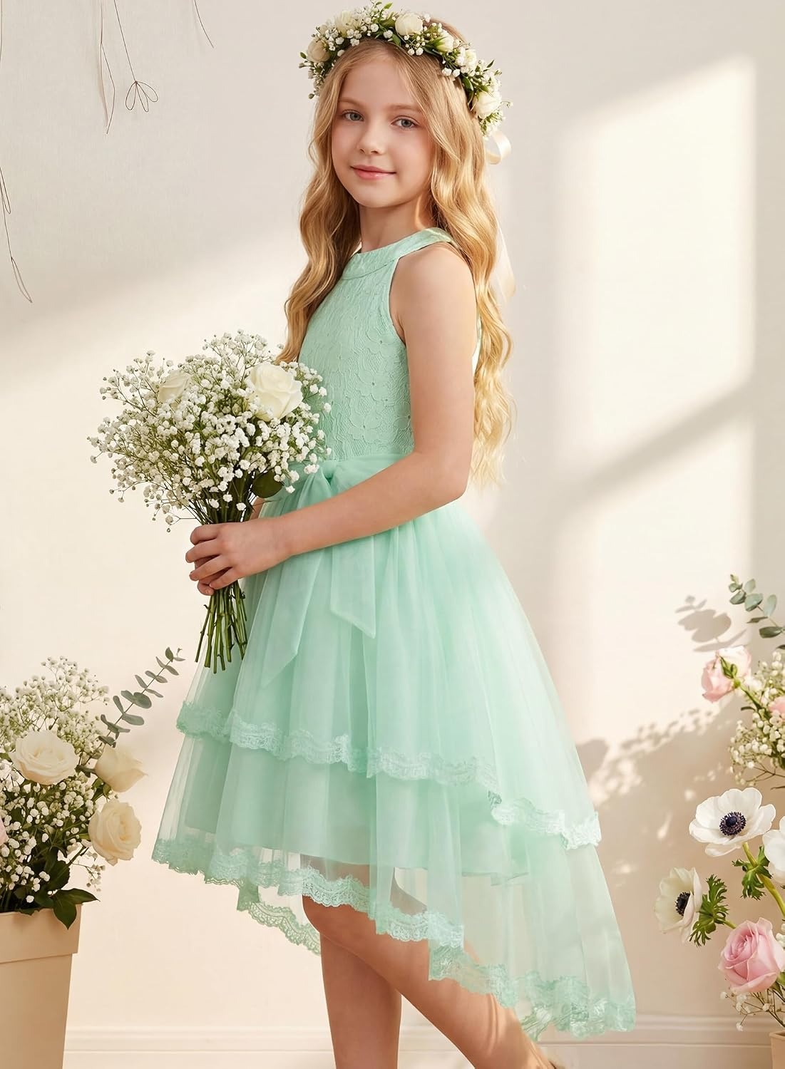 image:imageGRACE KARIN Flower Girl Dress Kids Wedding Guest Birthday Party Formal Lace Tulle Princess High Low Dresses 510YLight Green