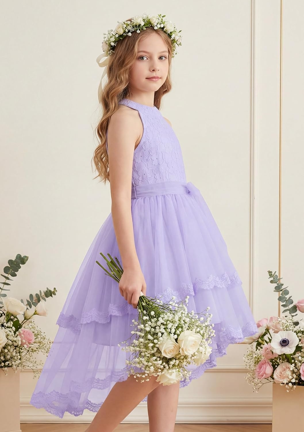 image:imageGRACE KARIN Flower Girl Dress Kids Wedding Guest Birthday Party Formal Lace Tulle Princess High Low Dresses 510YLight Purple