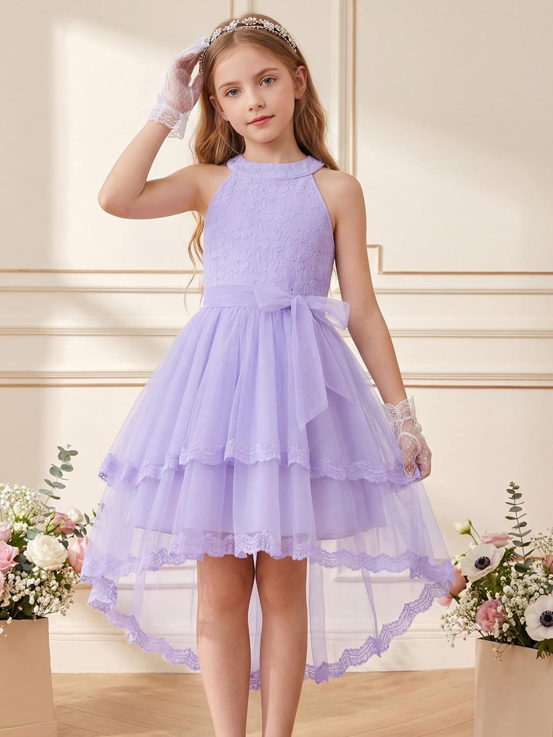 image:imageGRACE KARIN Flower Girl Dress Kids Wedding Guest Birthday Party Formal Lace Tulle Princess High Low Dresses 510YLight Purple