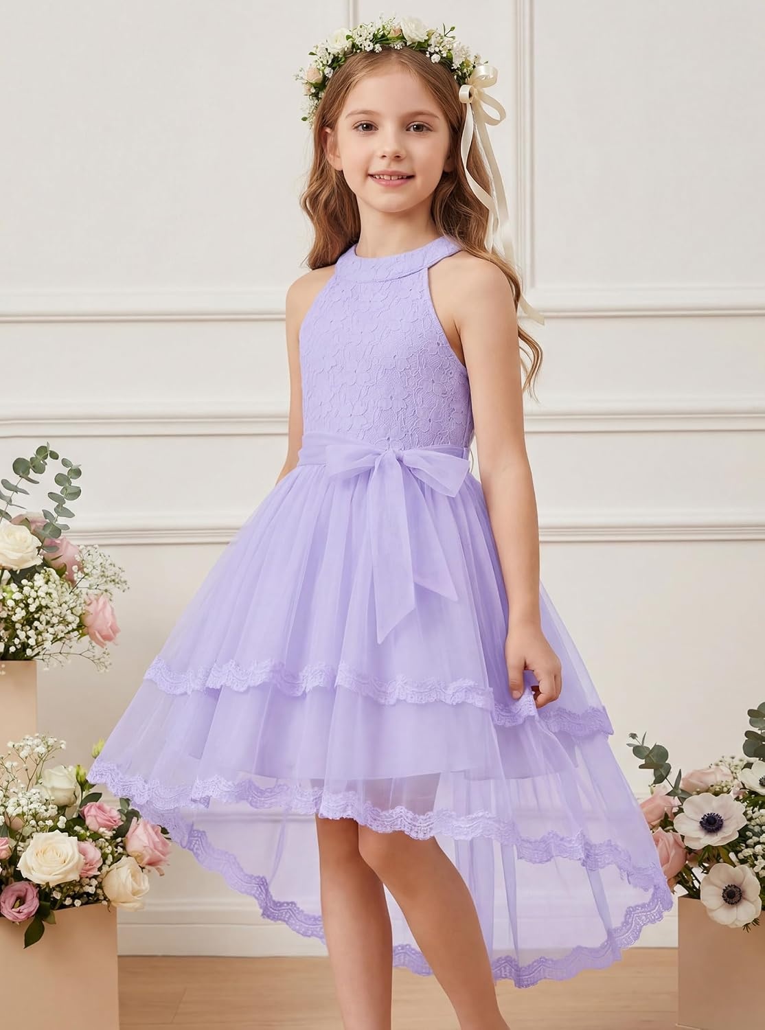 image:imageGRACE KARIN Flower Girl Dress Kids Wedding Guest Birthday Party Formal Lace Tulle Princess High Low Dresses 510YLight Purple