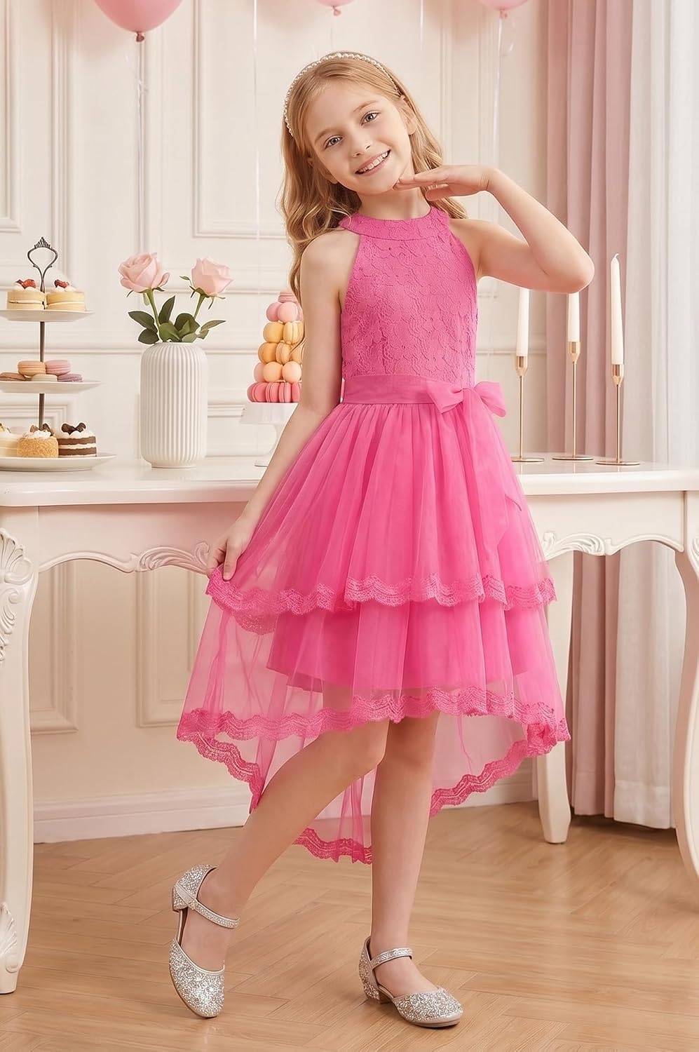 image:imageGRACE KARIN Flower Girl Dress Kids Wedding Guest Birthday Party Formal Lace Tulle Princess High Low Dresses 510YRose Red
