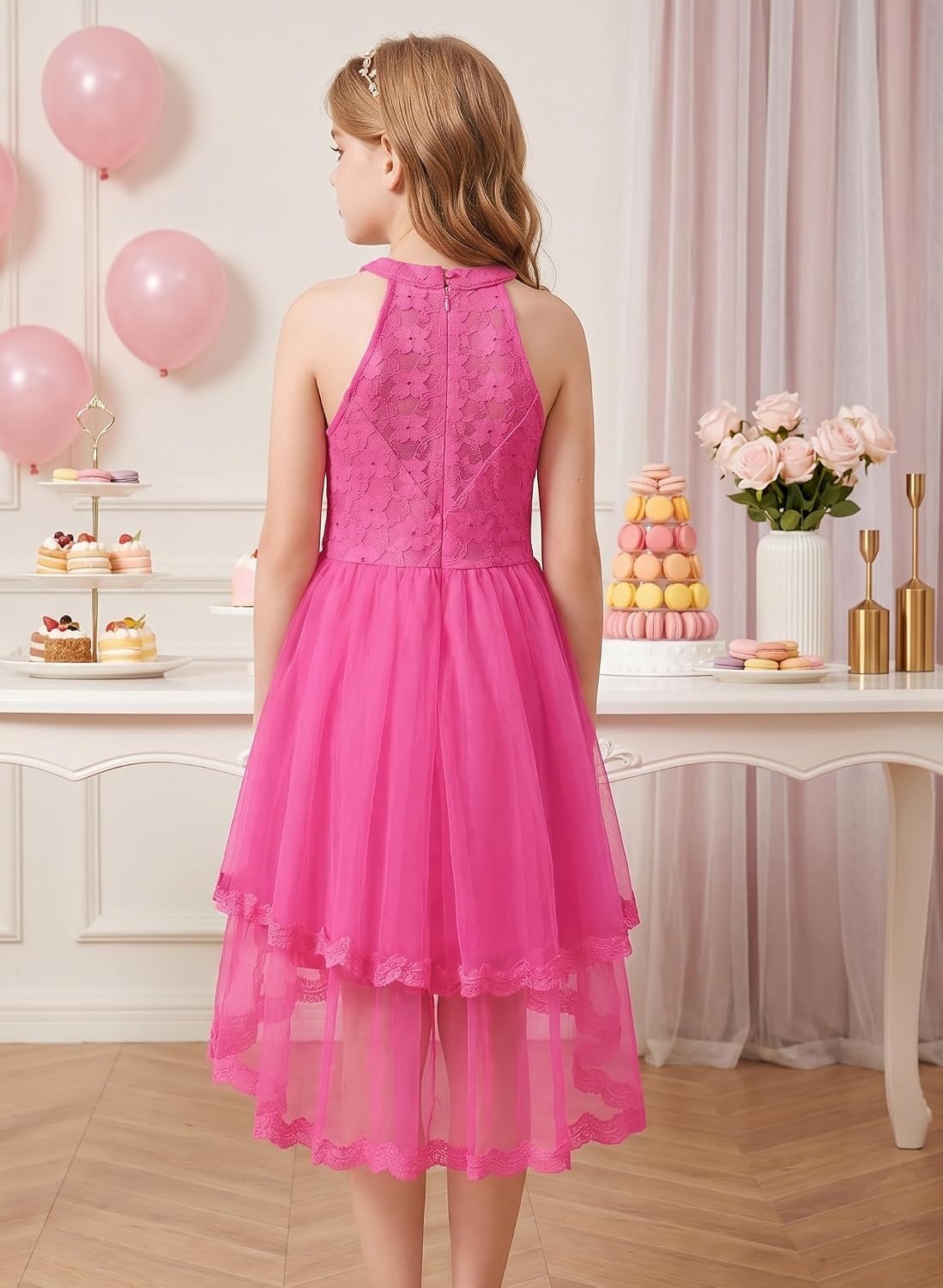 image:imageGRACE KARIN Flower Girl Dress Kids Wedding Guest Birthday Party Formal Lace Tulle Princess High Low Dresses 510YRose Red