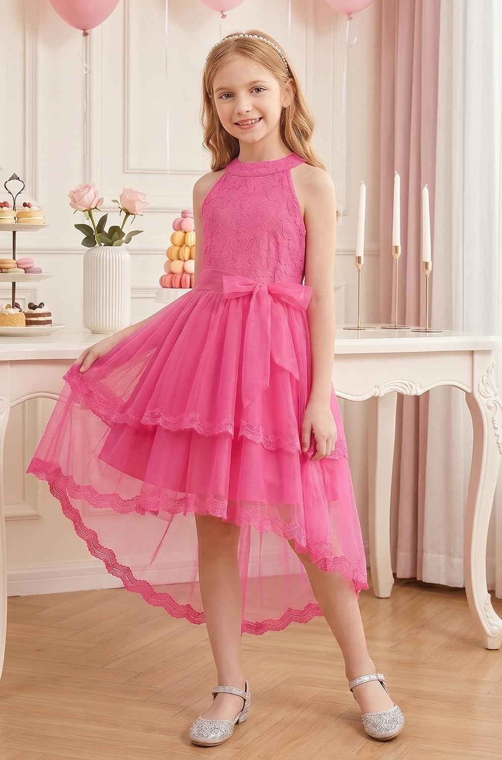image:imageGRACE KARIN Flower Girl Dress Kids Wedding Guest Birthday Party Formal Lace Tulle Princess High Low Dresses 510YRose Red