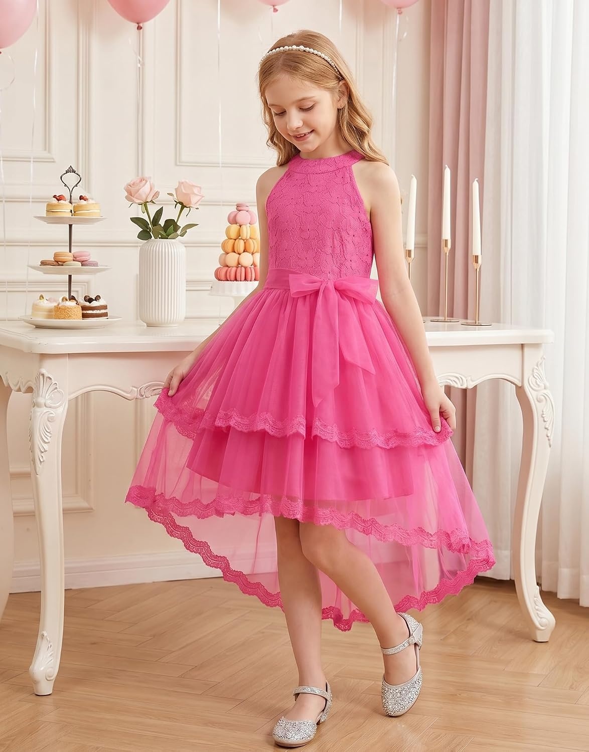 image:imageGRACE KARIN Flower Girl Dress Kids Wedding Guest Birthday Party Formal Lace Tulle Princess High Low Dresses 510YRose Red