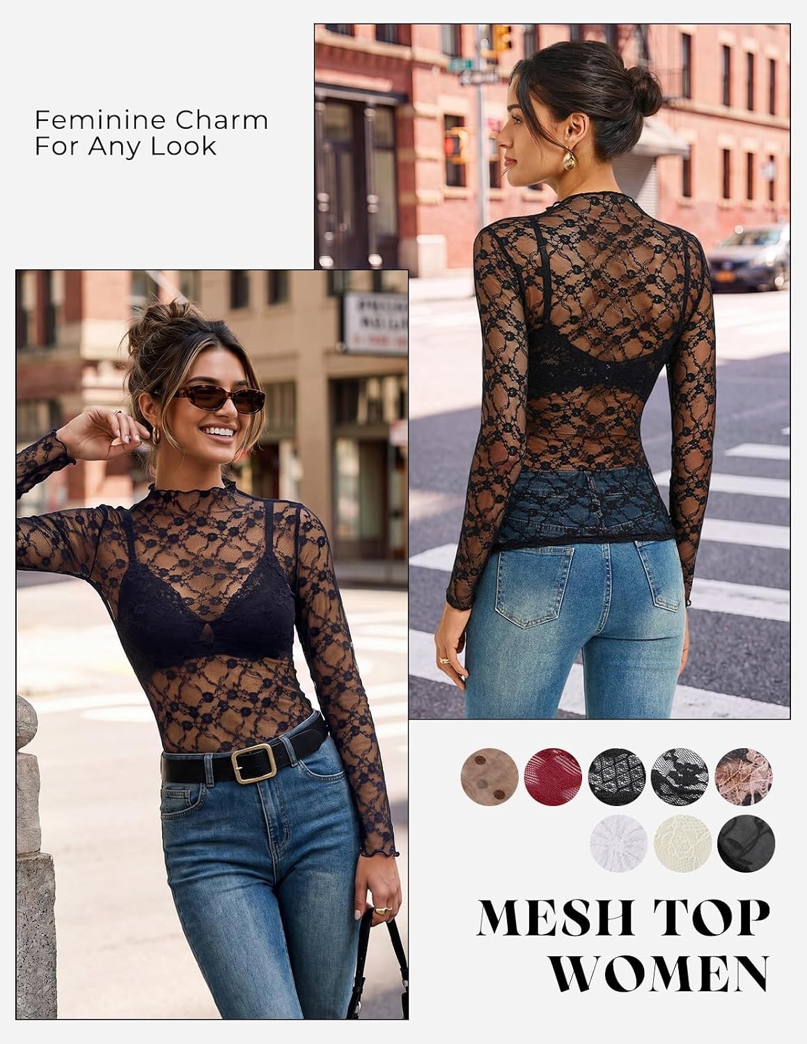 image:imageGRACE KARIN 2026 Mock Neck Sheer Lace Long Sleeve Tops for Women Slim Fit See Through Floral Mesh Sexy BlousesBlack Floral Fragments