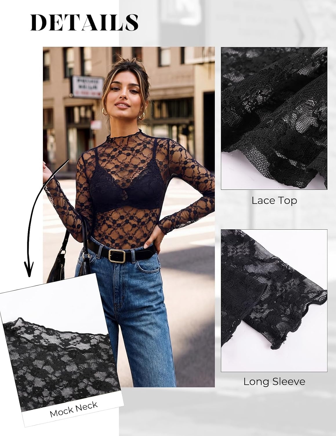 image:imageGRACE KARIN 2026 Mock Neck Sheer Lace Long Sleeve Tops for Women Slim Fit See Through Floral Mesh Sexy BlousesBlack Floral Fragments