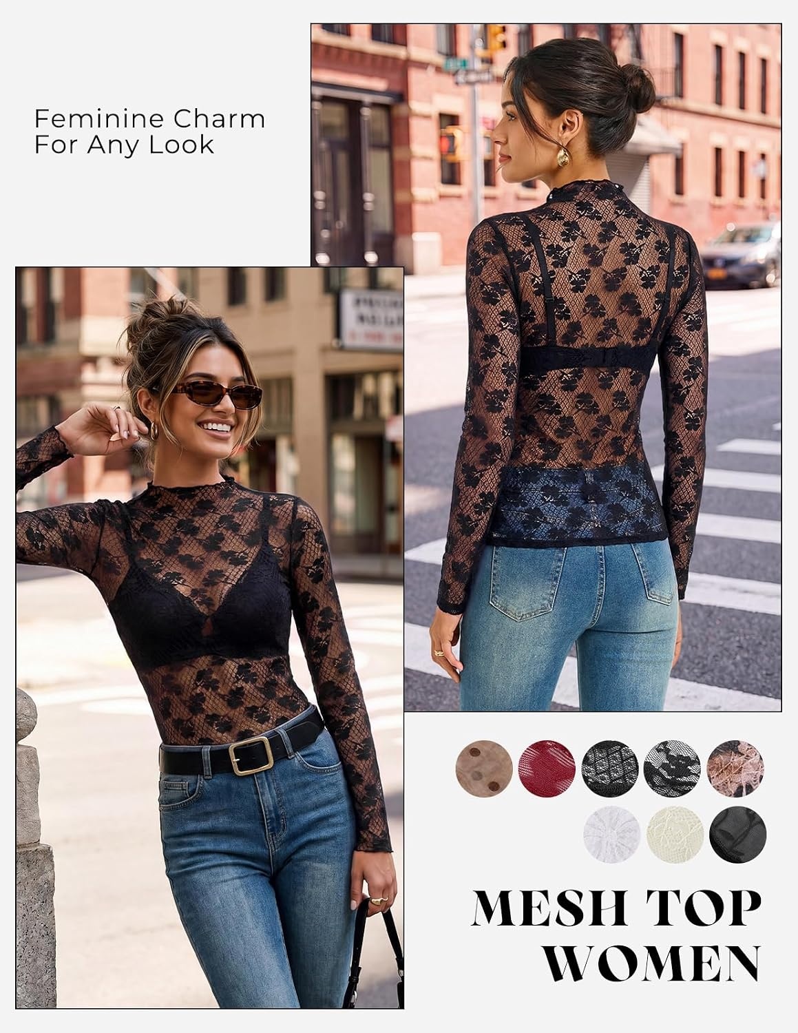 image:imageGRACE KARIN 2026 Mock Neck Sheer Lace Long Sleeve Tops for Women Slim Fit See Through Floral Mesh Sexy BlousesBlack Lace