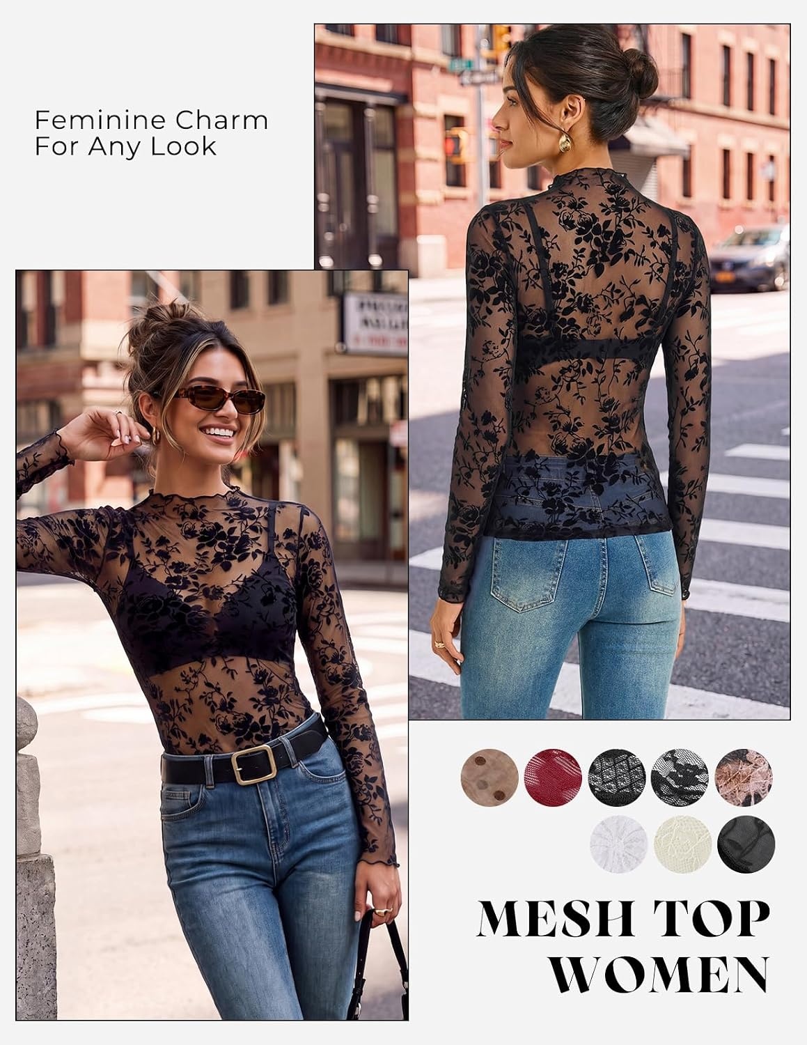 image:imageGRACE KARIN 2026 Mock Neck Sheer Lace Long Sleeve Tops for Women Slim Fit See Through Floral Mesh Sexy BlousesBlack and White Branches and Leaves