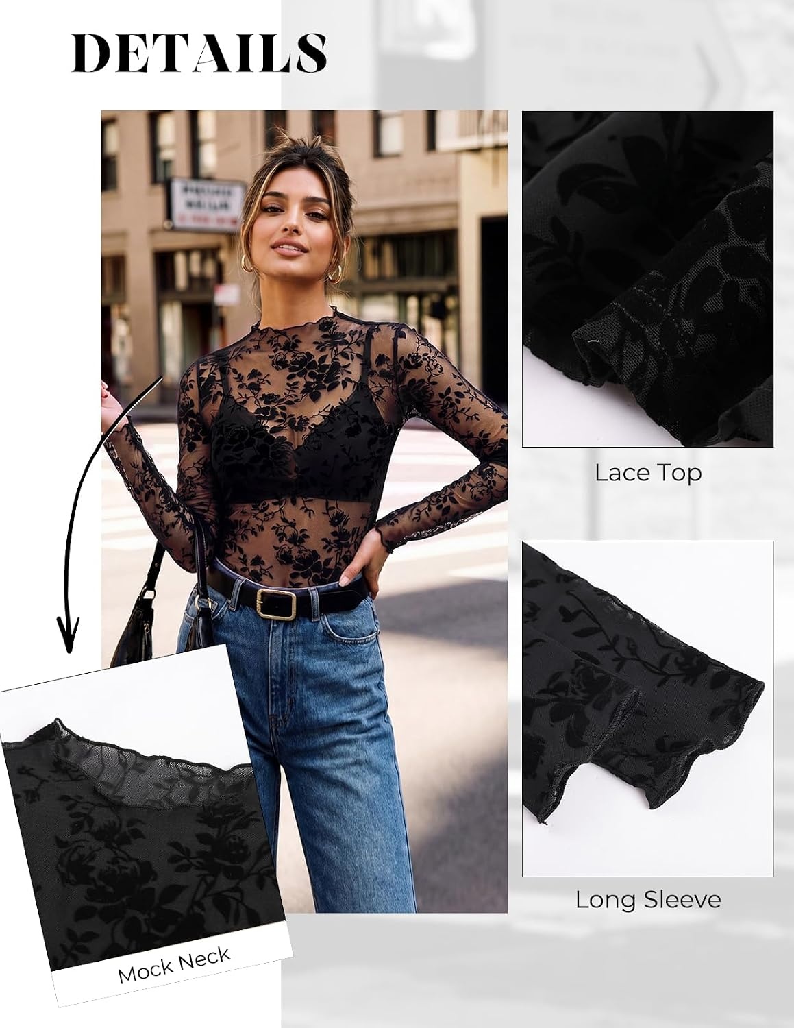 image:imageGRACE KARIN 2026 Mock Neck Sheer Lace Long Sleeve Tops for Women Slim Fit See Through Floral Mesh Sexy BlousesBlack and White Branches and Leaves