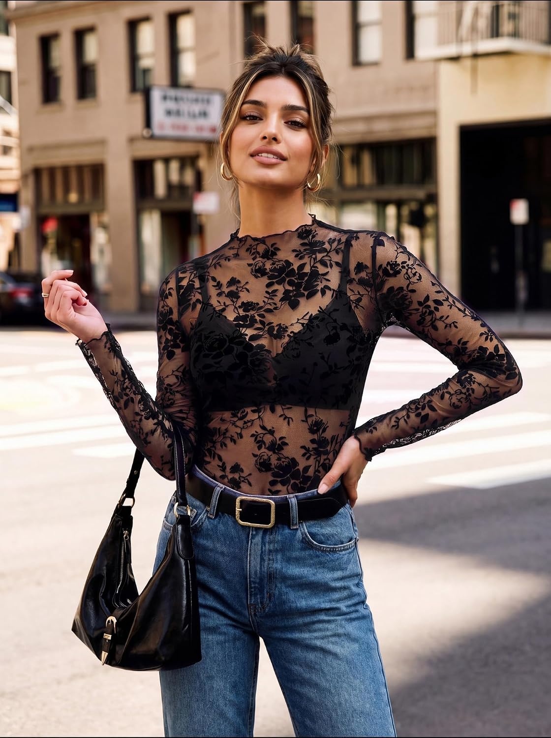 image:imageGRACE KARIN 2026 Mock Neck Sheer Lace Long Sleeve Tops for Women Slim Fit See Through Floral Mesh Sexy BlousesBlack and White Branches and Leaves