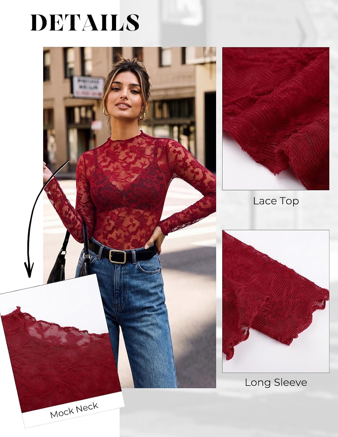 image:imageGRACE KARIN 2026 Mock Neck Sheer Lace Long Sleeve Tops for Women Slim Fit See Through Floral Mesh Sexy BlousesRed Branches and Leaves