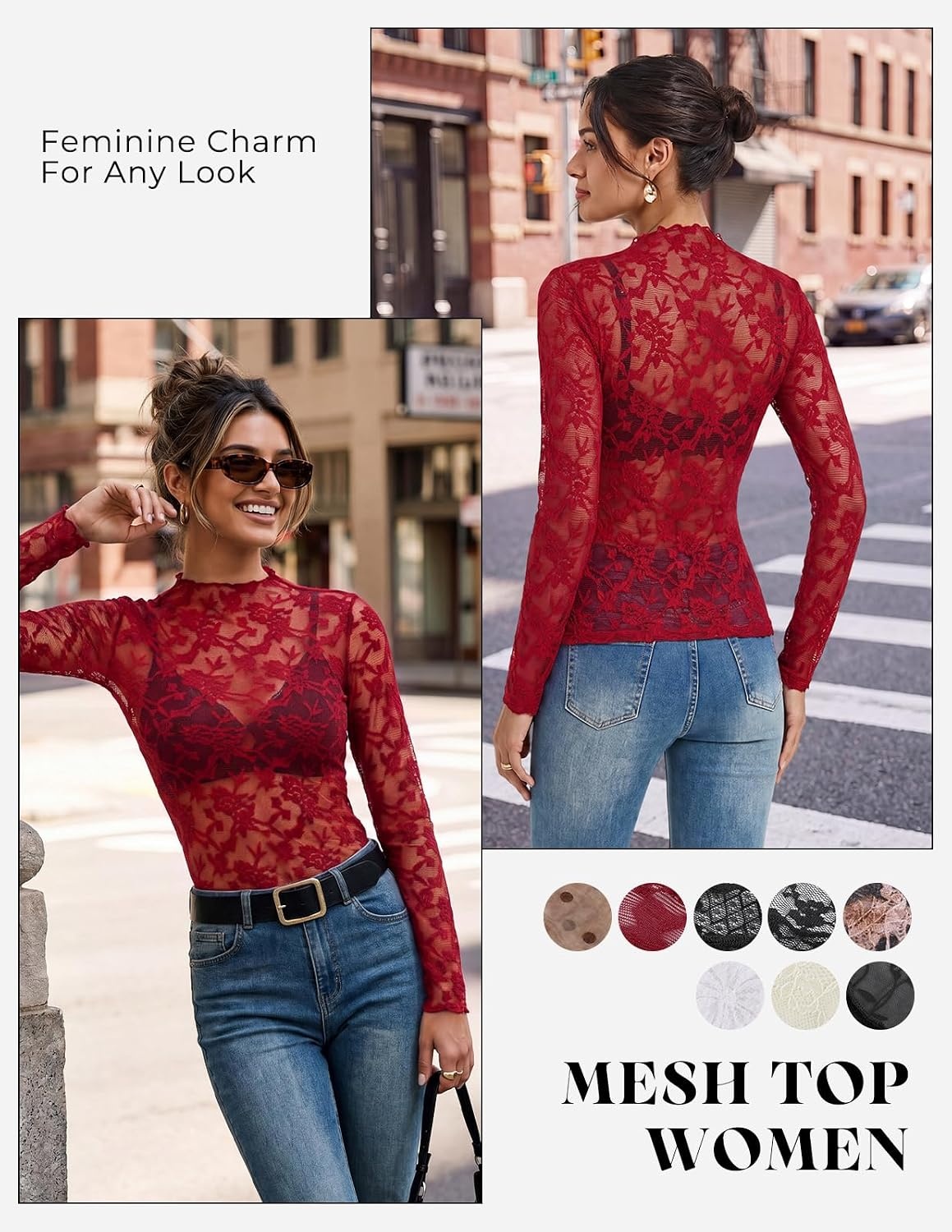 image:imageGRACE KARIN 2026 Mock Neck Sheer Lace Long Sleeve Tops for Women Slim Fit See Through Floral Mesh Sexy BlousesRed Branches and Leaves