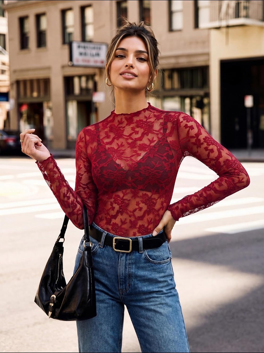 image:imageGRACE KARIN 2026 Mock Neck Sheer Lace Long Sleeve Tops for Women Slim Fit See Through Floral Mesh Sexy BlousesRed Branches and Leaves