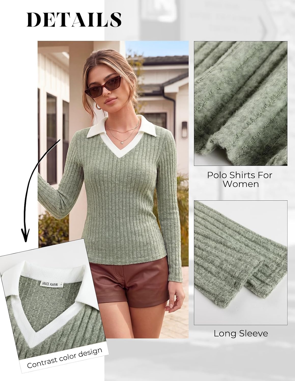 image:imageGRACE KARIN 2026 Womens Long Sleeve Polo Shirts V Neck Collared Ribbed Knit Slim Fit Business Casual Work Office TopsGray Green