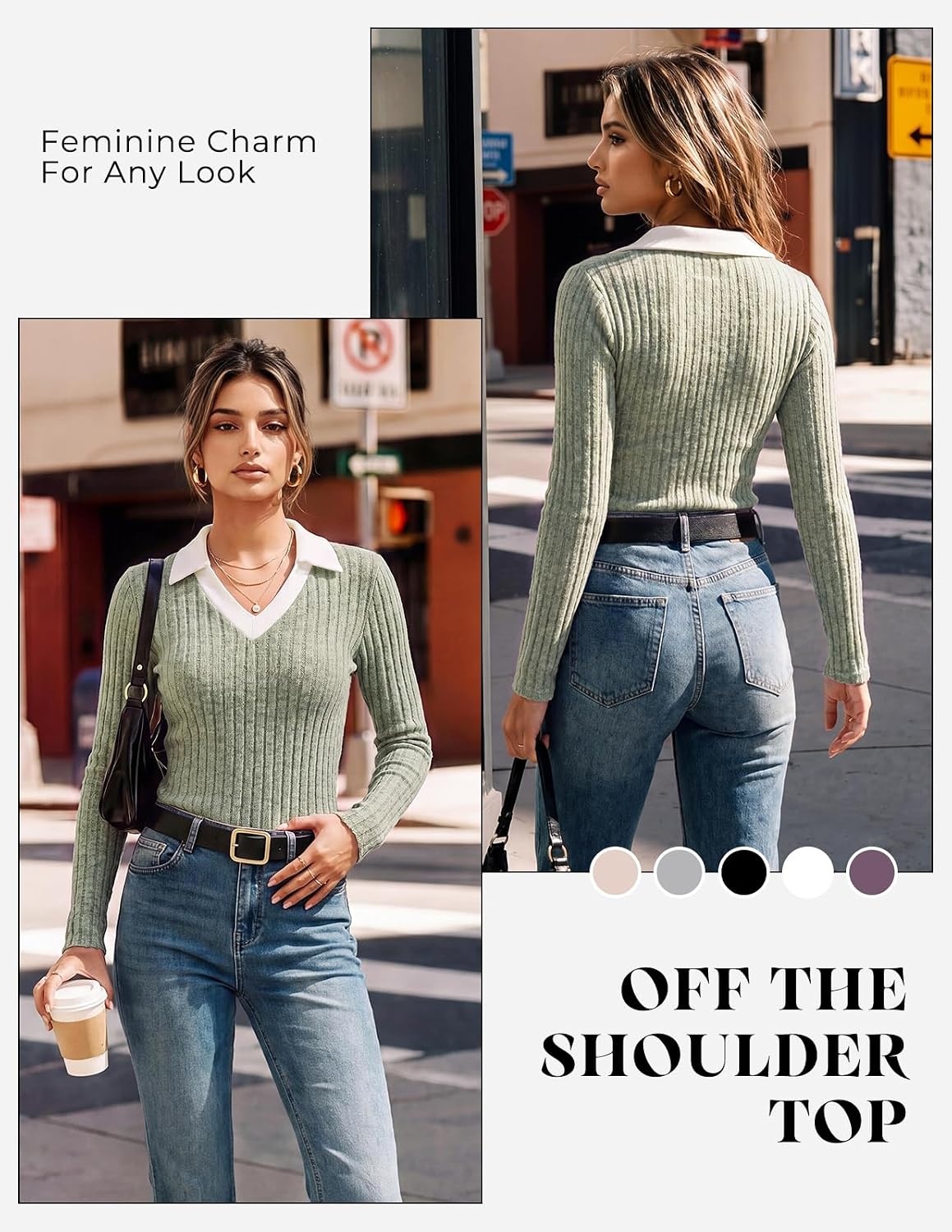 image:imageGRACE KARIN 2026 Womens Long Sleeve Polo Shirts V Neck Collared Ribbed Knit Slim Fit Business Casual Work Office TopsGray Green