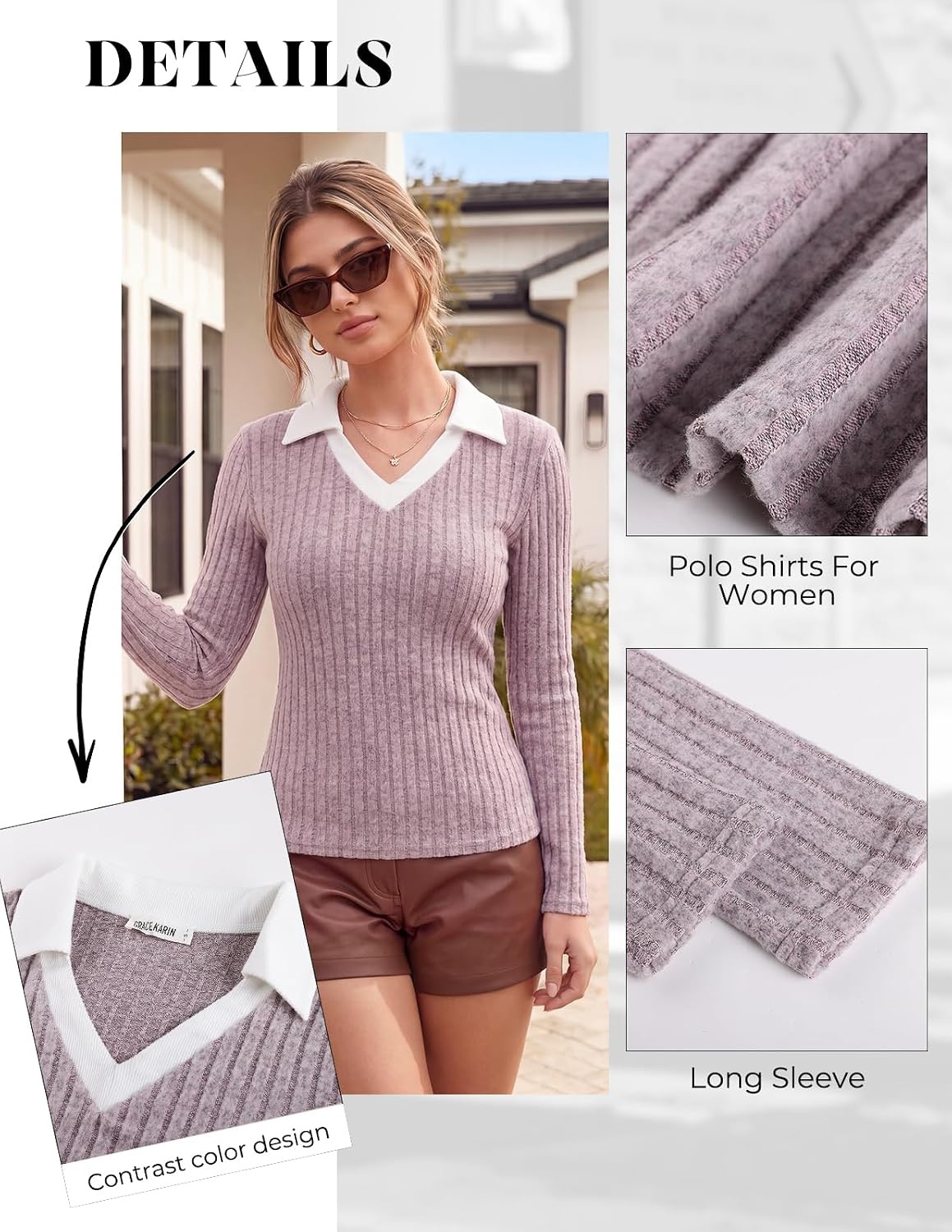 image:imageGRACE KARIN 2026 Womens Long Sleeve Polo Shirts V Neck Collared Ribbed Knit Slim Fit Business Casual Work Office TopsGray Pink