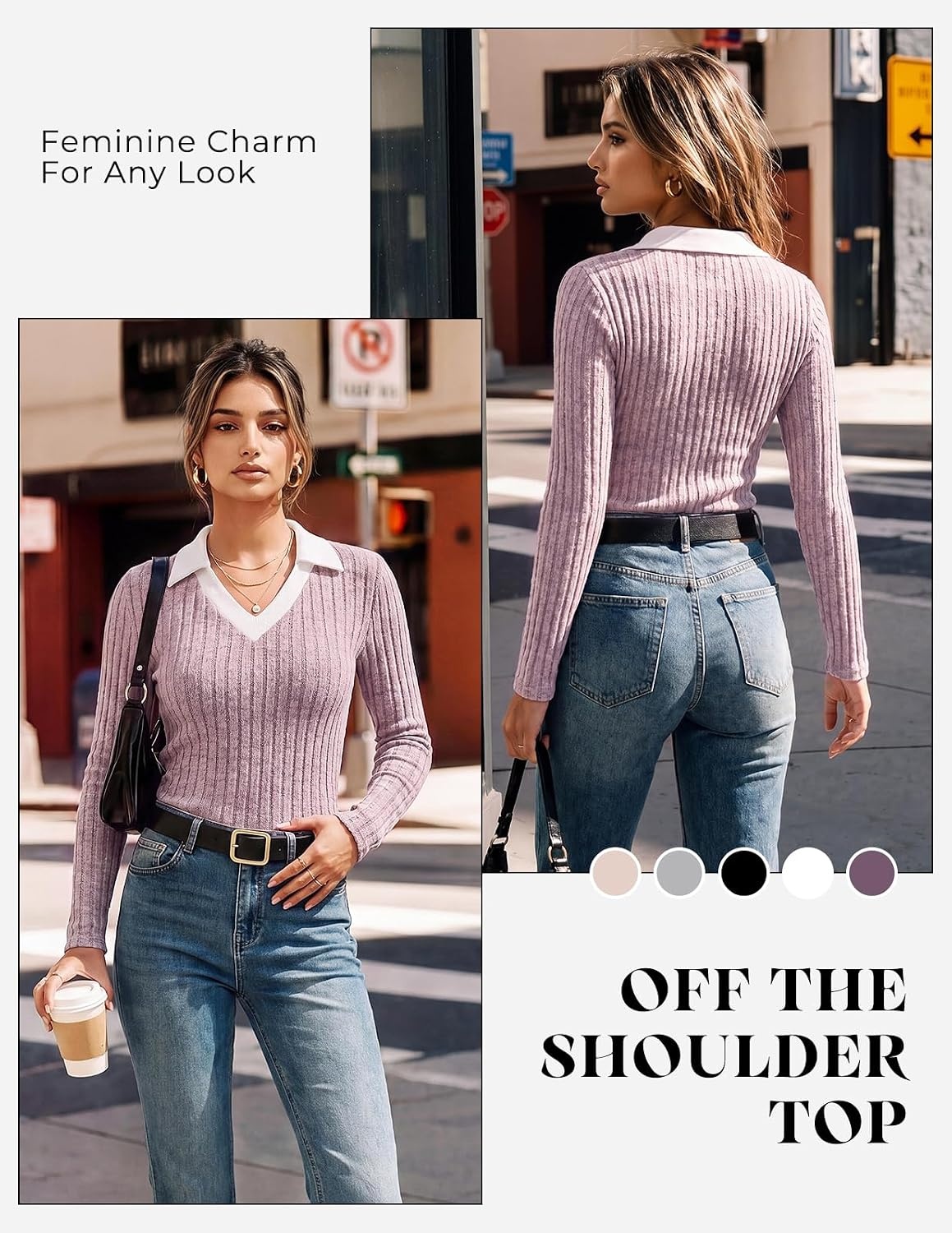 image:imageGRACE KARIN 2026 Womens Long Sleeve Polo Shirts V Neck Collared Ribbed Knit Slim Fit Business Casual Work Office TopsGray Pink