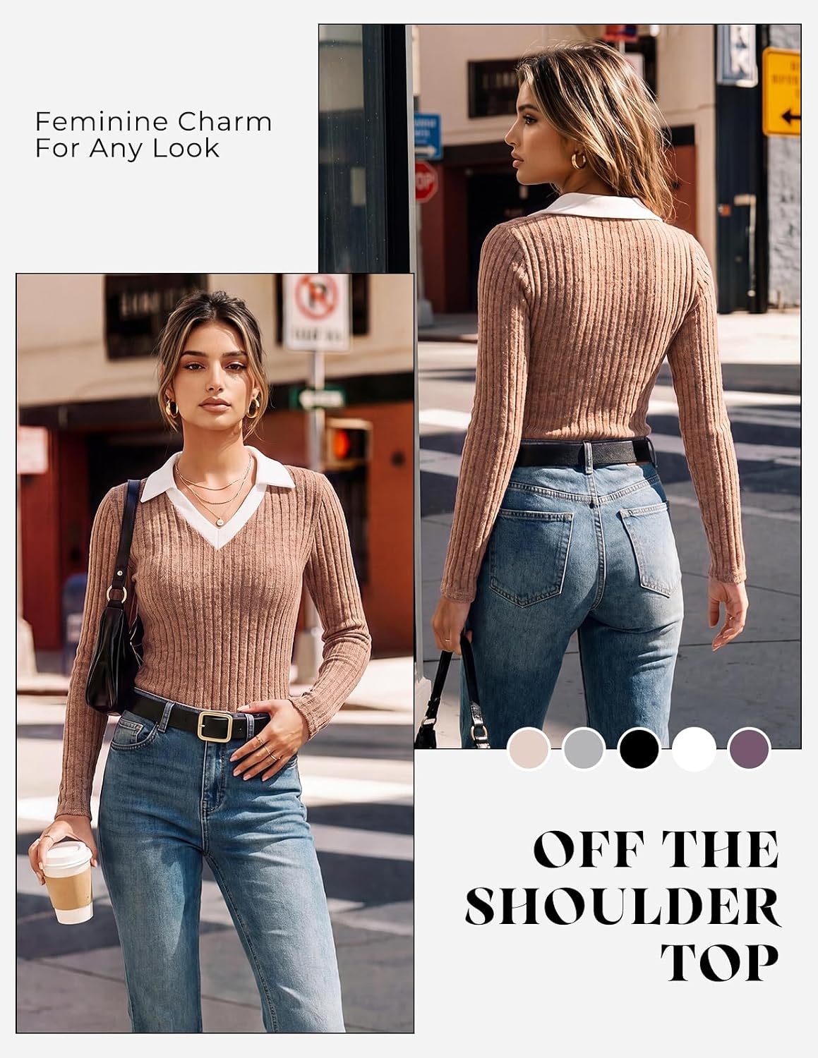 image:imageGRACE KARIN 2026 Womens Long Sleeve Polo Shirts V Neck Collared Ribbed Knit Slim Fit Business Casual Work Office TopsLight Coffee