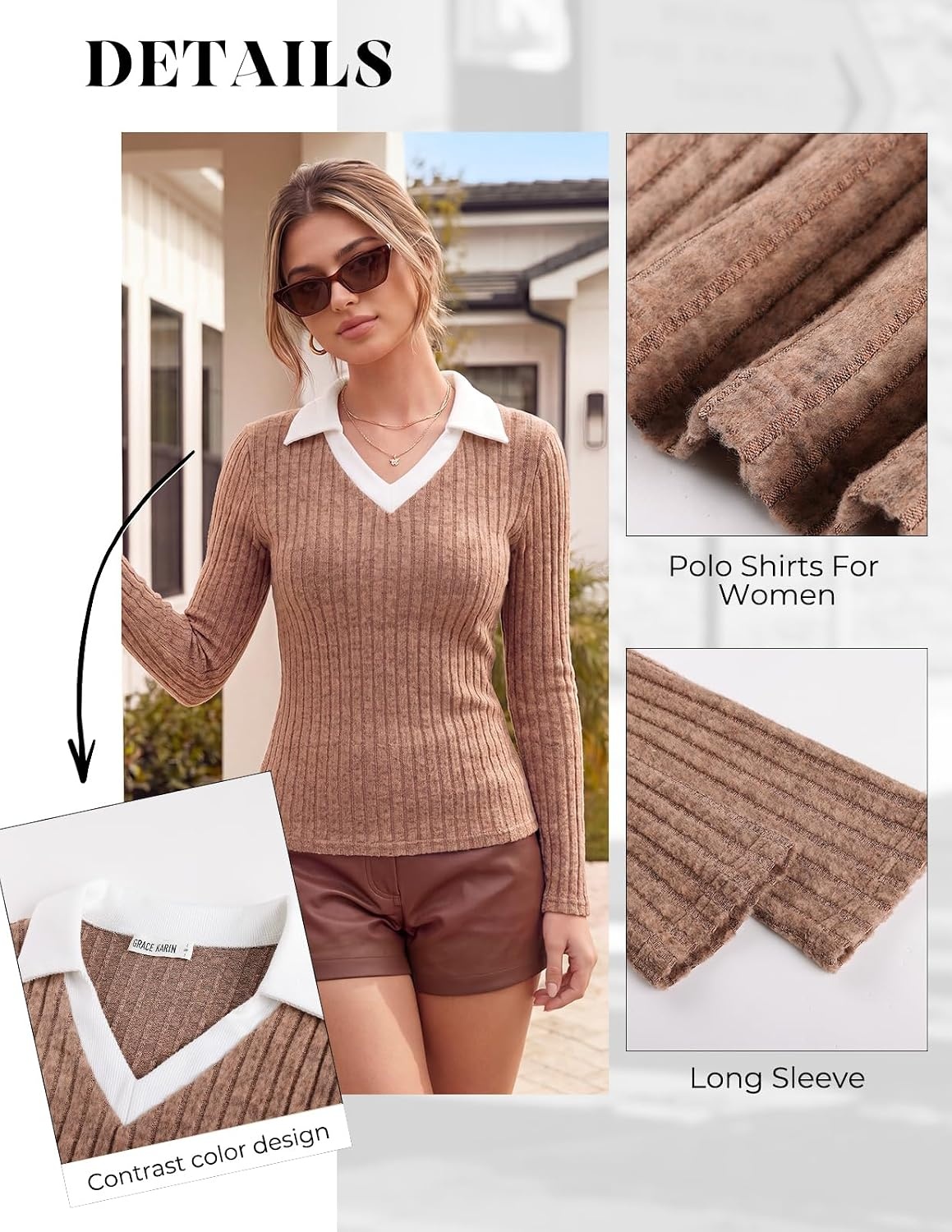 image:imageGRACE KARIN 2026 Womens Long Sleeve Polo Shirts V Neck Collared Ribbed Knit Slim Fit Business Casual Work Office TopsLight Coffee