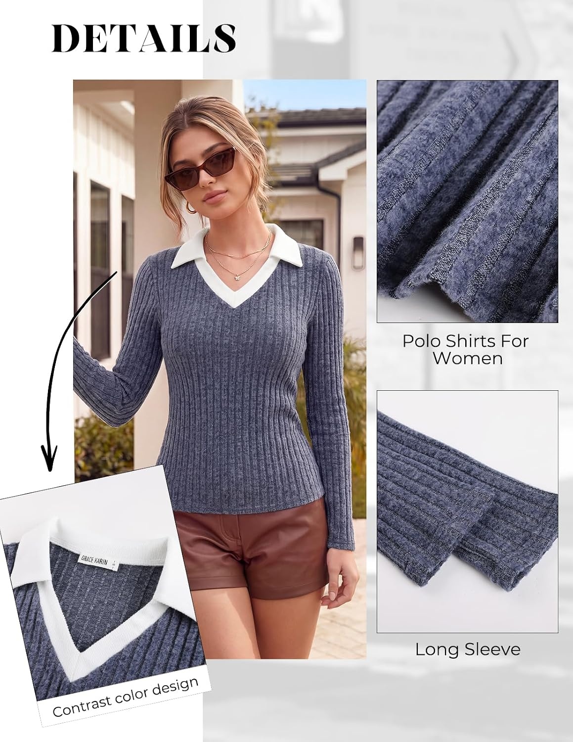 image:imageGRACE KARIN 2026 Womens Long Sleeve Polo Shirts V Neck Collared Ribbed Knit Slim Fit Business Casual Work Office TopsNavy