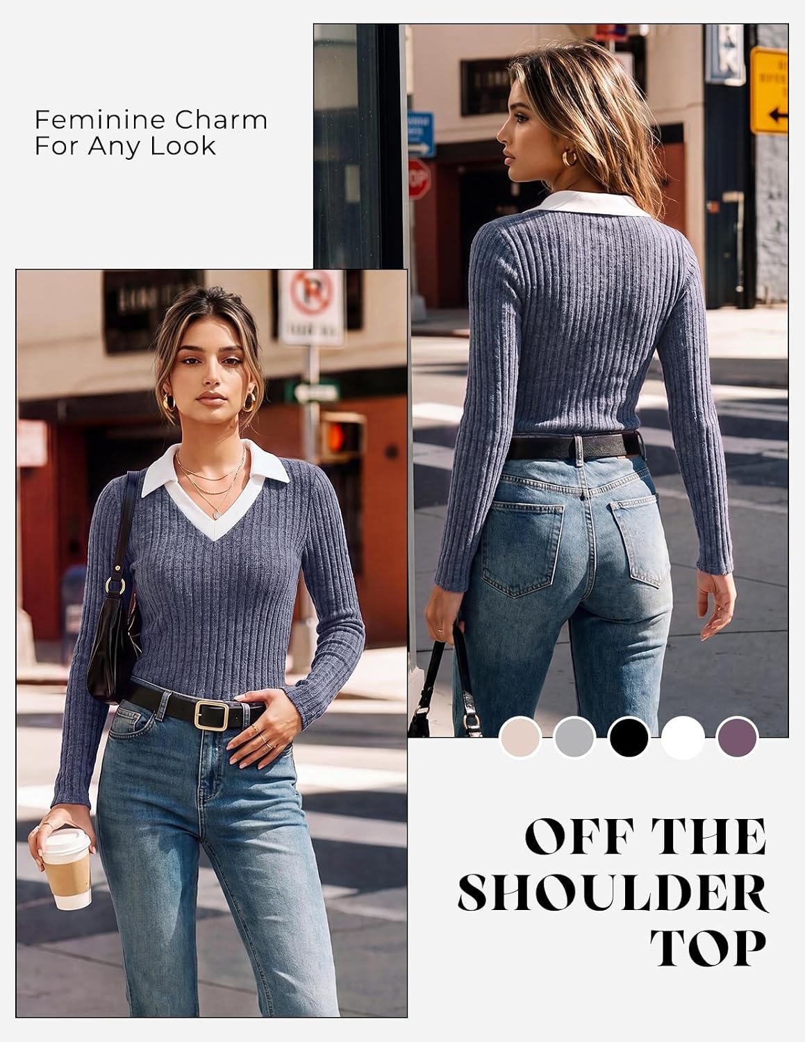 image:imageGRACE KARIN 2026 Womens Long Sleeve Polo Shirts V Neck Collared Ribbed Knit Slim Fit Business Casual Work Office TopsNavy