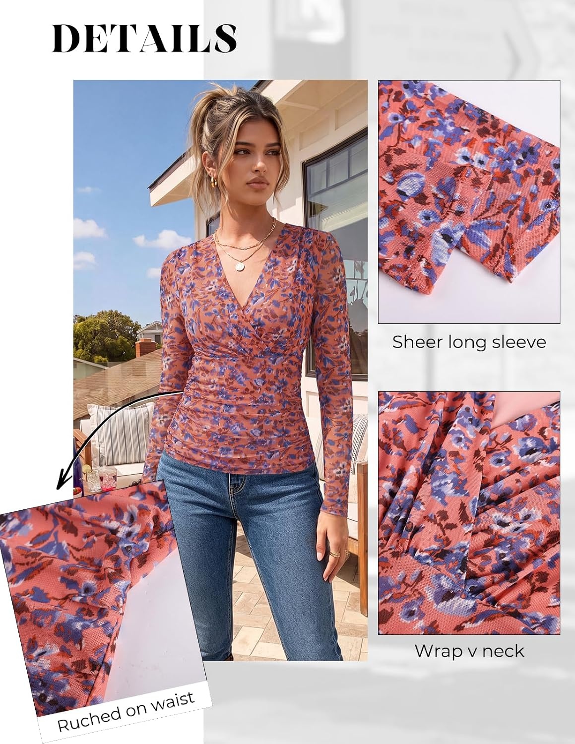 image:imageGRACE KARIN Mesh Long Sleeve Tops for WomenWrap V Neck Boho Top Dressy CasualRuched Floral Blouses Fall Fashion ClothesCoral Orange