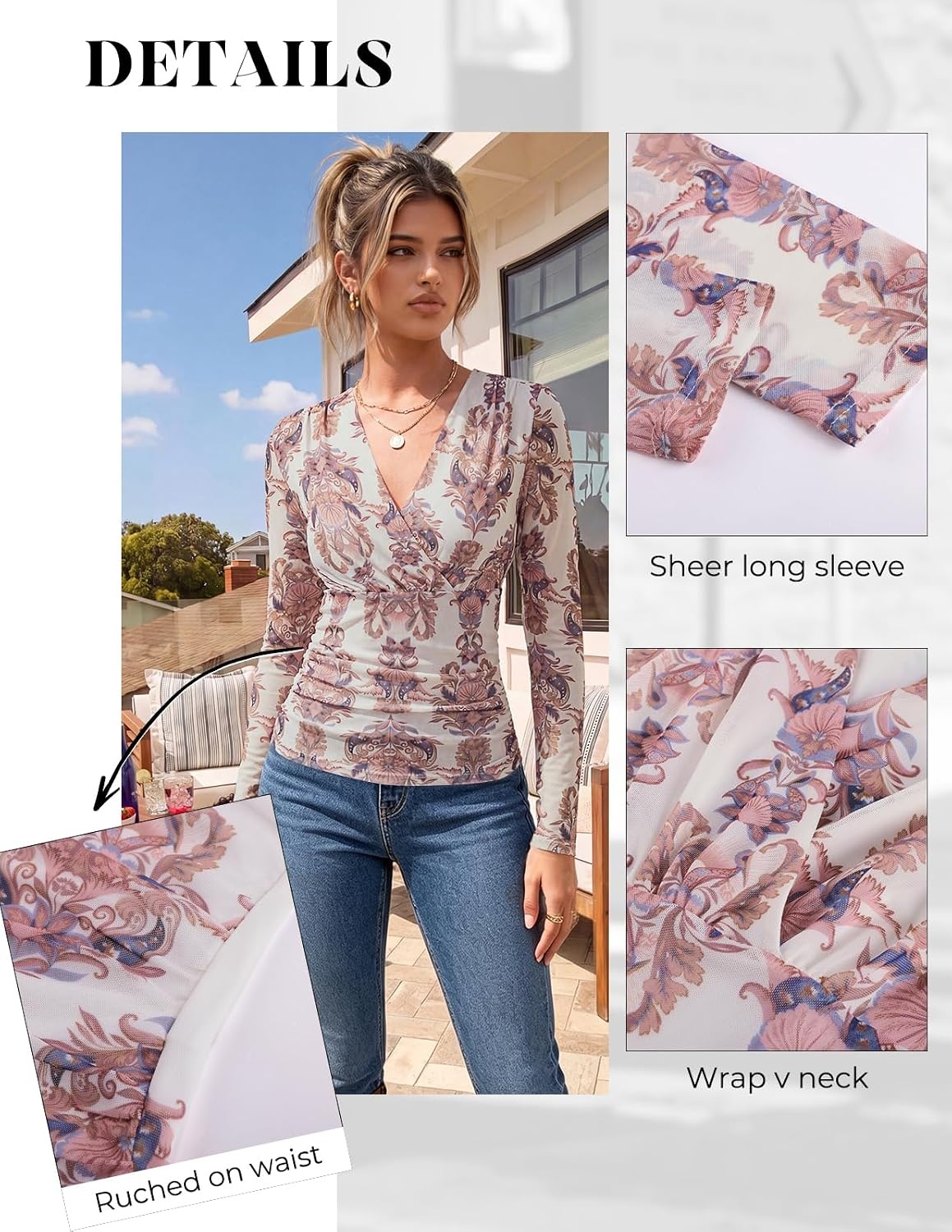 image:imageGRACE KARIN Mesh Long Sleeve Tops for WomenWrap V Neck Boho Top Dressy CasualRuched Floral Blouses Fall Fashion ClothesFolk Floral