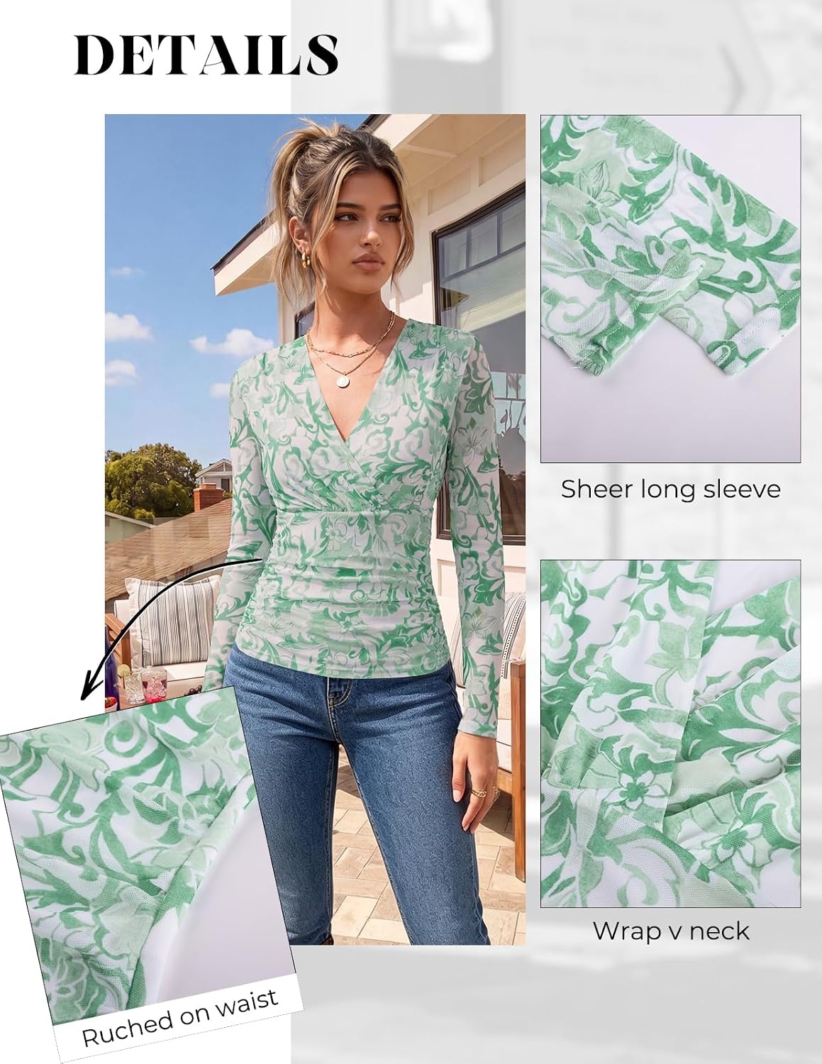 image:imageGRACE KARIN Mesh Long Sleeve Tops for WomenWrap V Neck Boho Top Dressy CasualRuched Floral Blouses Fall Fashion ClothesGreen
