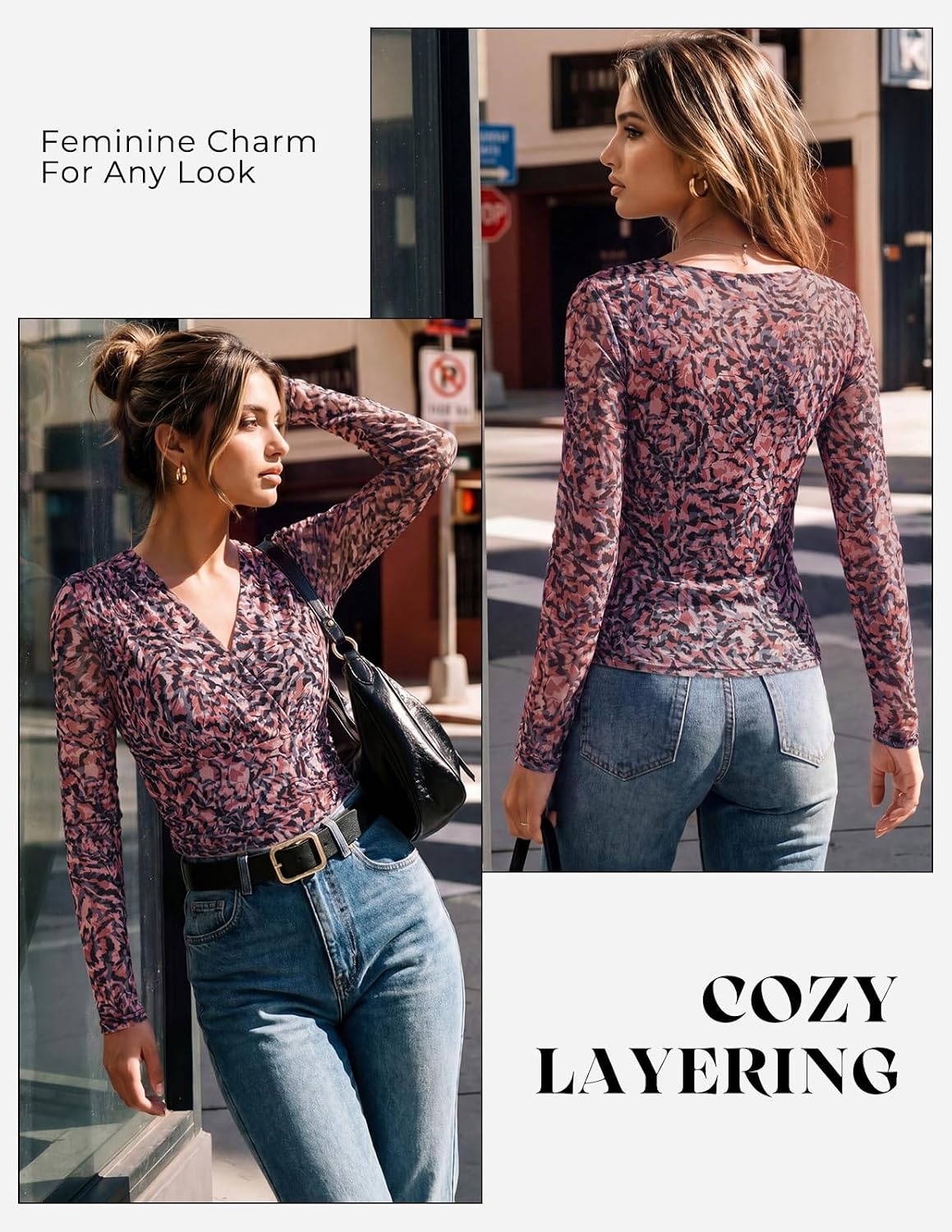 image:imageGRACE KARIN Mesh Long Sleeve Tops for WomenWrap V Neck Boho Top Dressy CasualRuched Floral Blouses Fall Fashion ClothesMulti Color