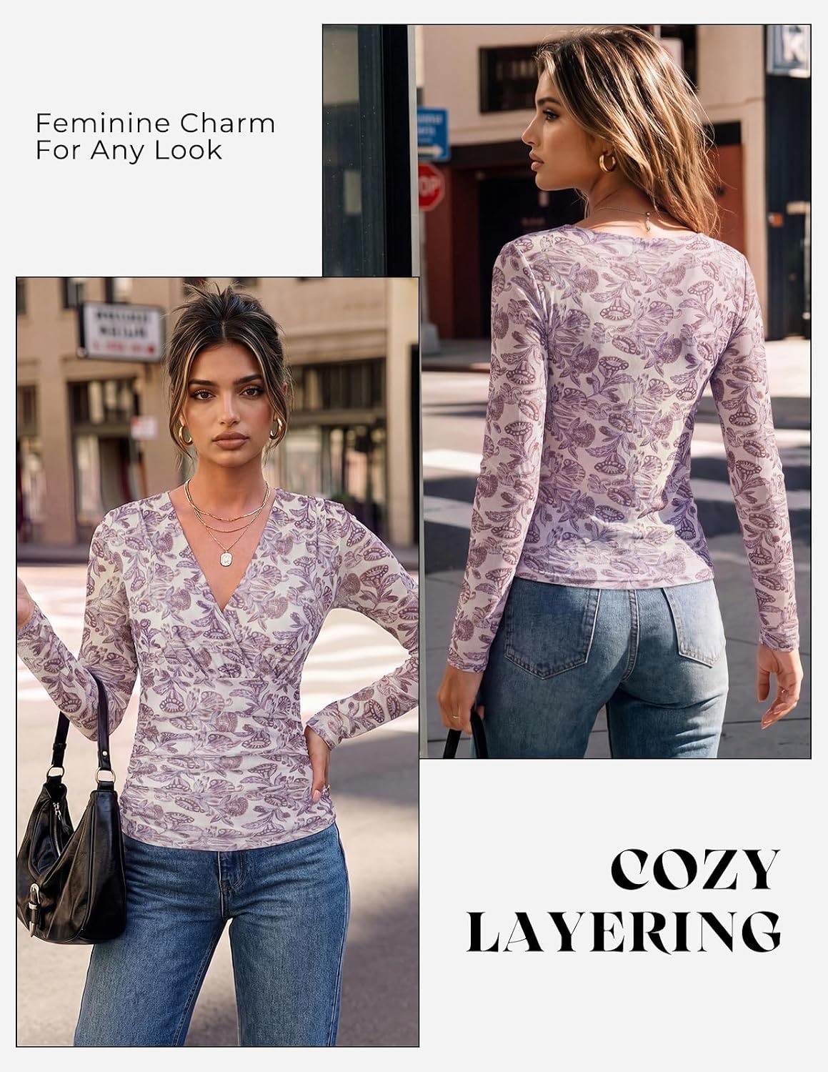 image:imageGRACE KARIN Mesh Long Sleeve Tops for WomenWrap V Neck Boho Top Dressy CasualRuched Floral Blouses Fall Fashion ClothesMulti Purple