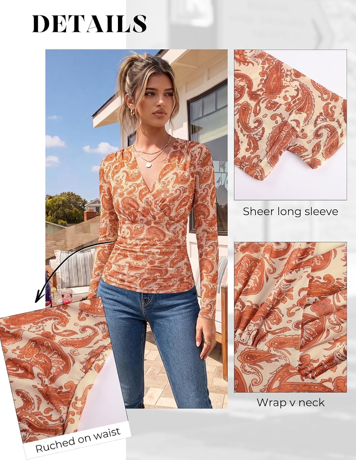 image:imageGRACE KARIN Mesh Long Sleeve Tops for WomenWrap V Neck Boho Top Dressy CasualRuched Floral Blouses Fall Fashion ClothesOrange