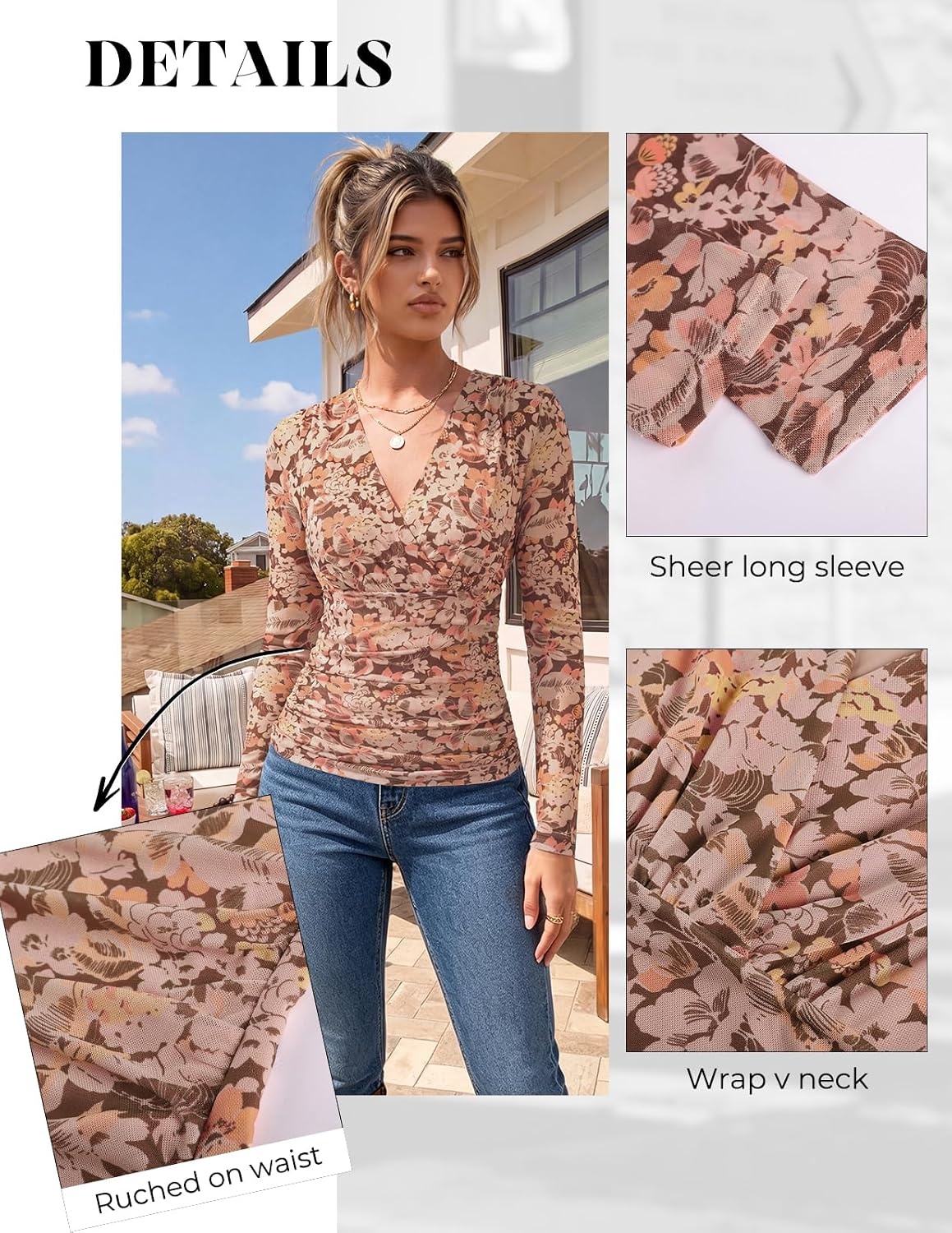 image:imageGRACE KARIN Mesh Long Sleeve Tops for WomenWrap V Neck Boho Top Dressy CasualRuched Floral Blouses Fall Fashion ClothesPink Brown