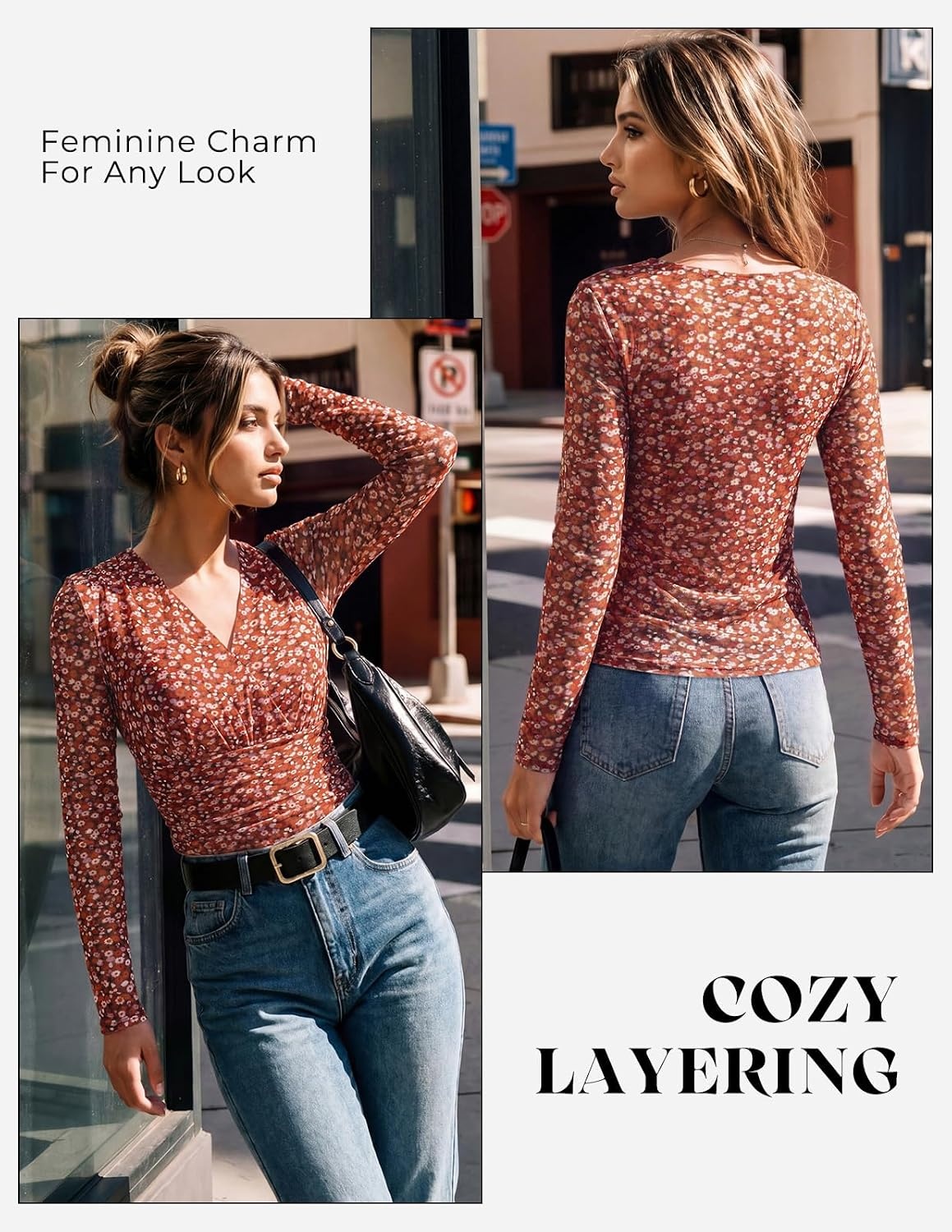image:imageGRACE KARIN Mesh Long Sleeve Tops for WomenWrap V Neck Boho Top Dressy CasualRuched Floral Blouses Fall Fashion ClothesRed Brown