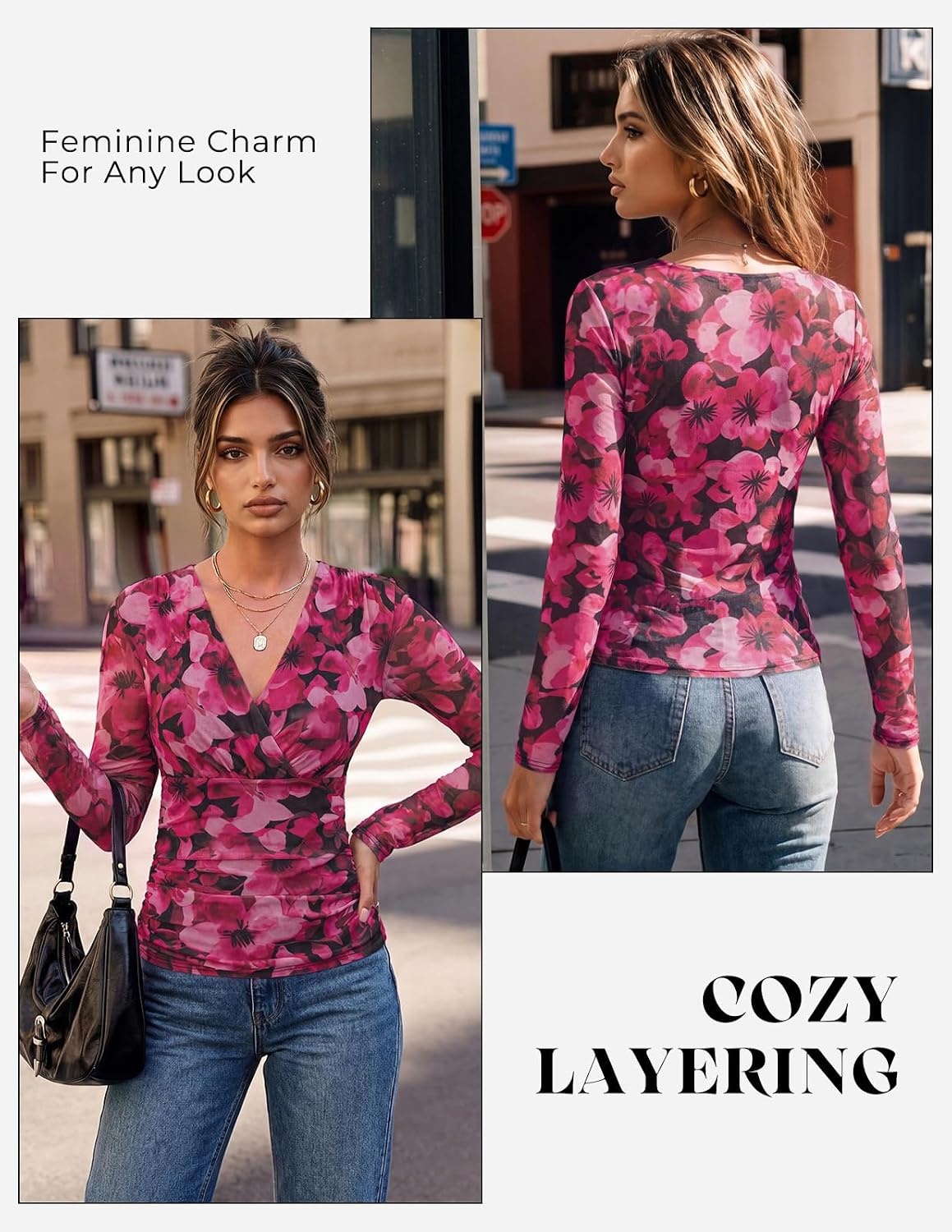 image:imageGRACE KARIN Mesh Long Sleeve Tops for WomenWrap V Neck Boho Top Dressy CasualRuched Floral Blouses Fall Fashion ClothesRed Rose