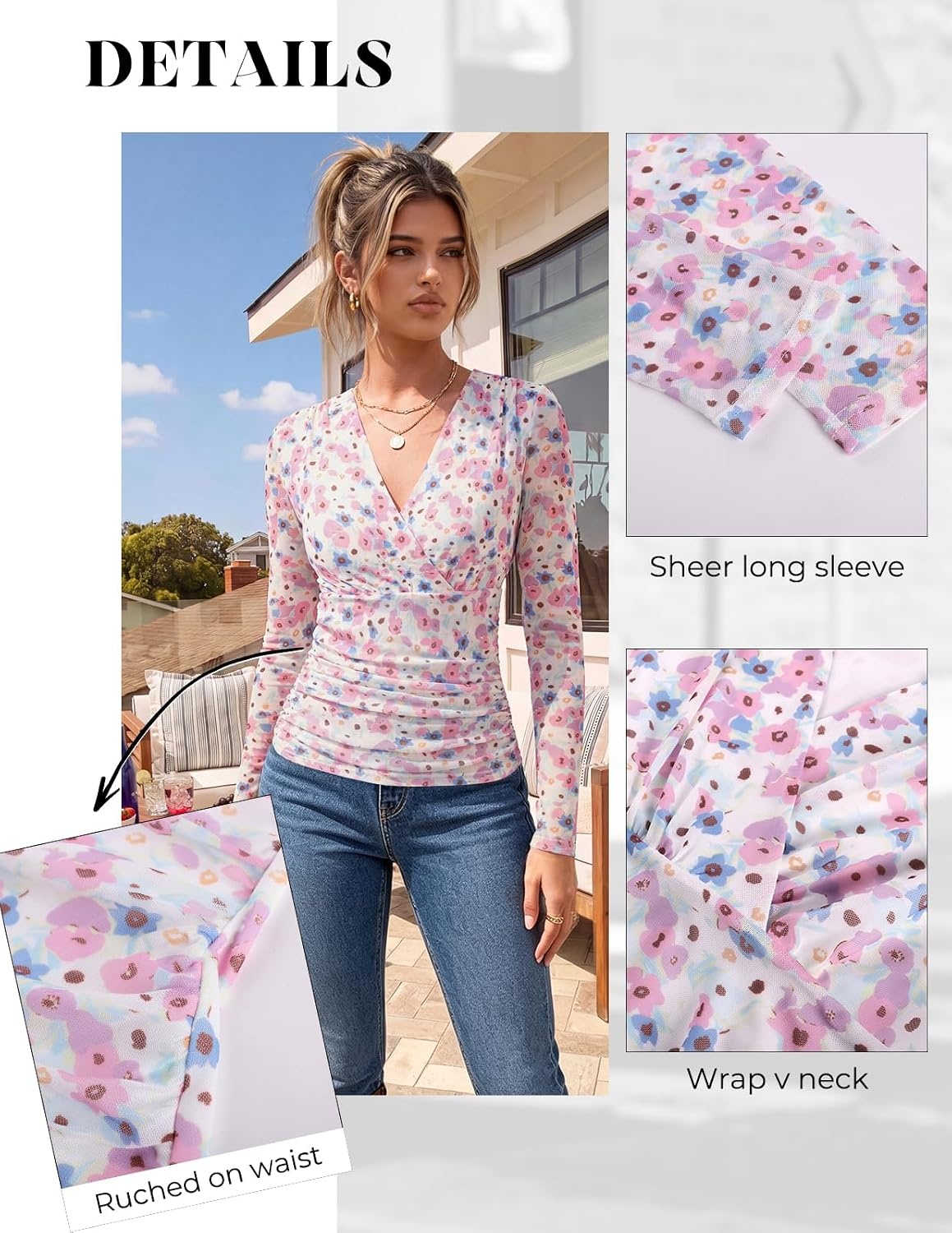 image:imageGRACE KARIN Mesh Long Sleeve Tops for WomenWrap V Neck Boho Top Dressy CasualRuched Floral Blouses Fall Fashion ClothesWhite Pink