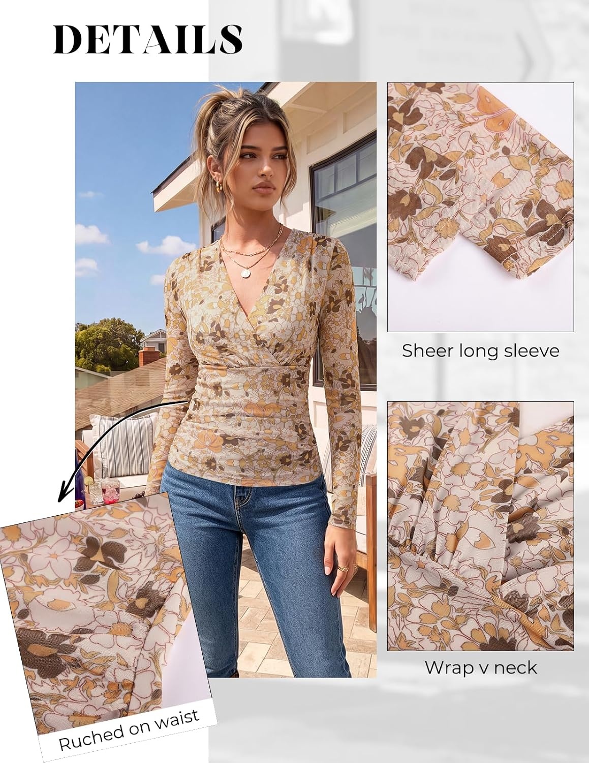 image:imageGRACE KARIN Mesh Long Sleeve Tops for WomenWrap V Neck Boho Top Dressy CasualRuched Floral Blouses Fall Fashion ClothesYellow Beige